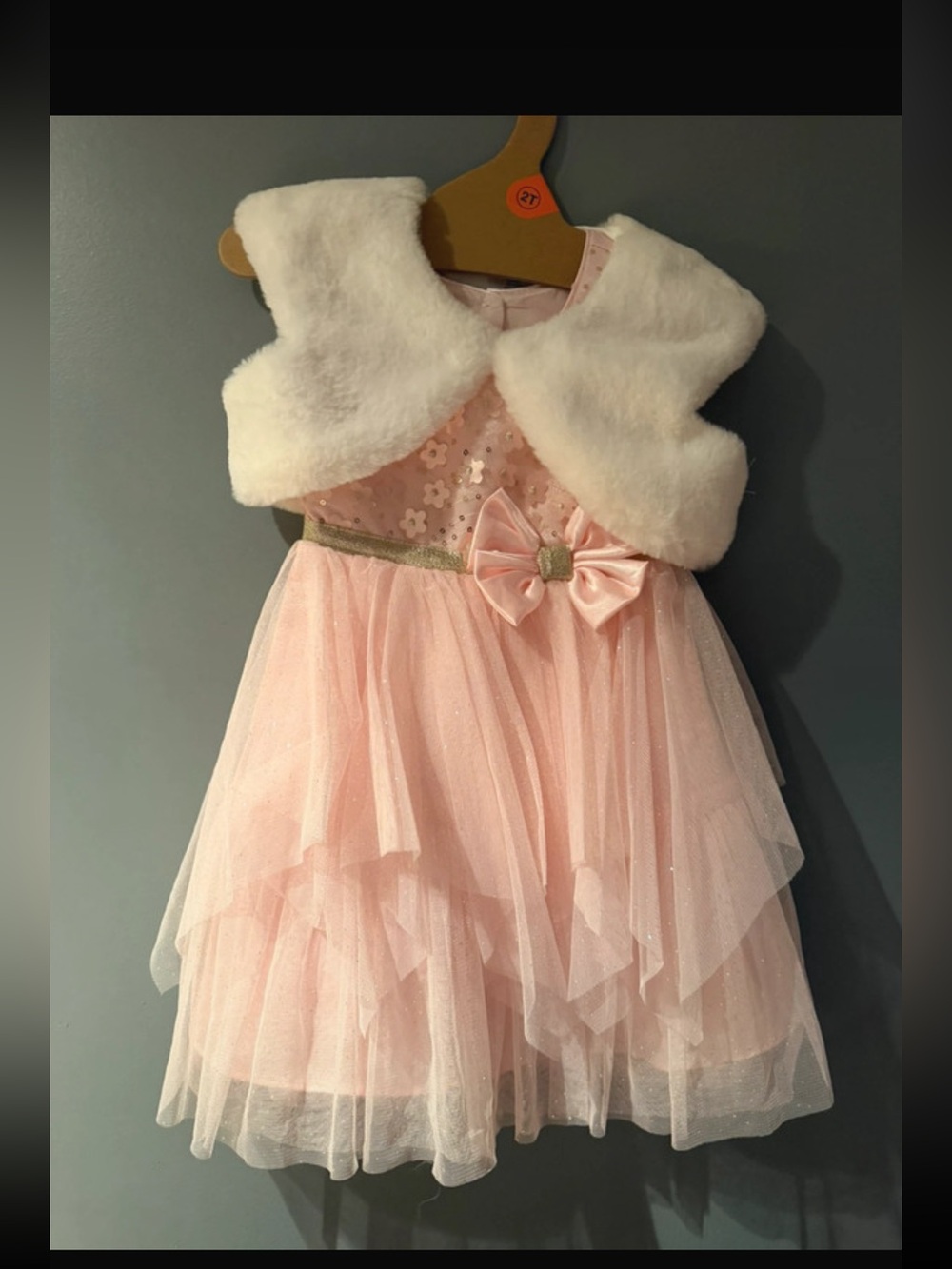 Jona Michelle Pink Tulle Dress with White Faux Fur Bolero